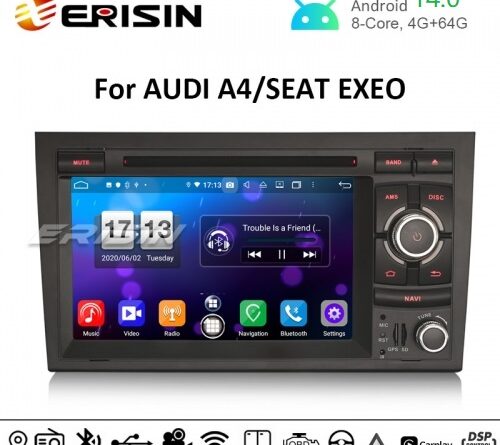 Erisin ES8738A 7″ DSP Android 14.0 Car DVD Stereo for Audi A4 S4 RS4 B9 B7 SEAT EXEO CarPlay Auto GPS 4G DAB+