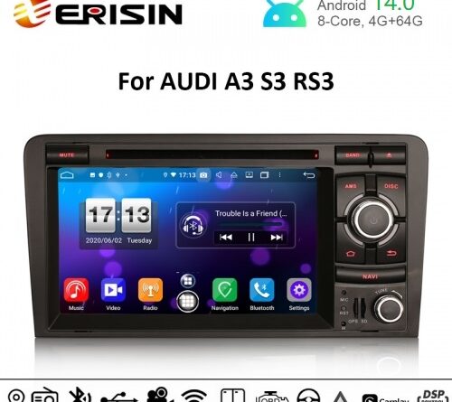 Erisin ES8737A 7″ Octa-Core Android 14.0 Car DVD CarPlay & Auto GPS for AUDI A3 S3 RS3 RNSE-PU 4G DAB+ DSP
