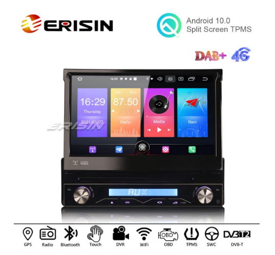 Erisin ES2788U Android 10 Universal Single Din Car Stereo Wireless CarPlay  DSP GPS WiFi+4G Bluetooth TPMS DAB+ OBD2 DVR USB SD CD Navigation -  Erisinworldwide