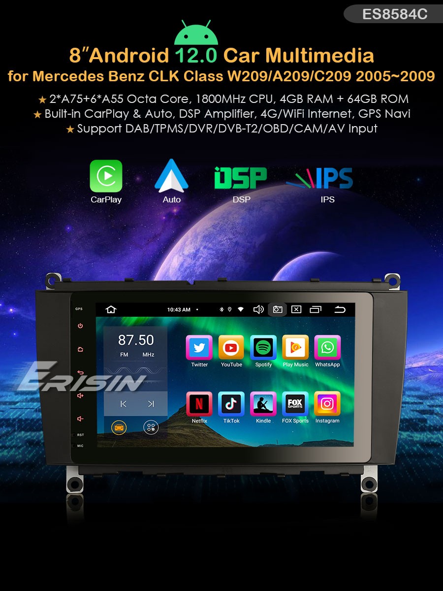Erisin ES8584C 8" DSP Android 12.0 Car Stereo For Mercedes Benz CLK