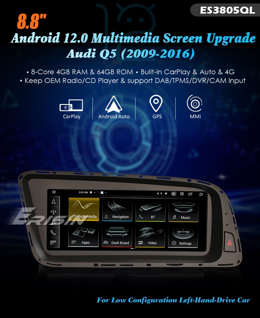 Erisin Android 12 CarPlay For Audi Q5 MMI 4G Car Multimedia GPS Navigation  Auto Radio Screen DSP BT5.0 IPS ES3805QL - Erisinworldwide