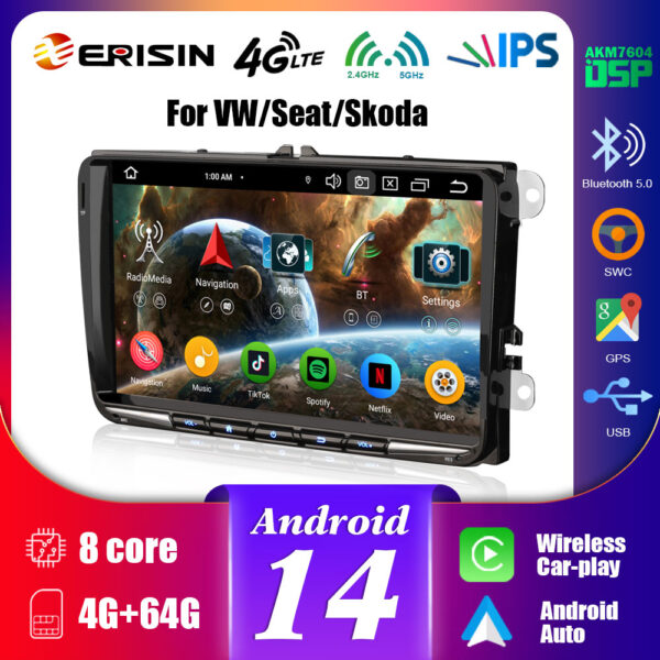 Erisin Car Radio 7 Inch 8-Core 8GB 128GB Android 14 Bluetooth GPS Navigation for Mercedes Benz E/CLS Class W211 W219 CarPlay Android Car WiFi 4G DSP DAB USB RDS DVB-T2 TPMS