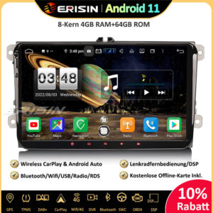 Erisin ES8791V 9" Android 11.0 Car Radio 8-Core Wifi OBD Bluetooth DAB + GPS OPS DSP 4G CarPlay Android Auto SWC For VW Passat Golf 5/6 Touran Eos Pol